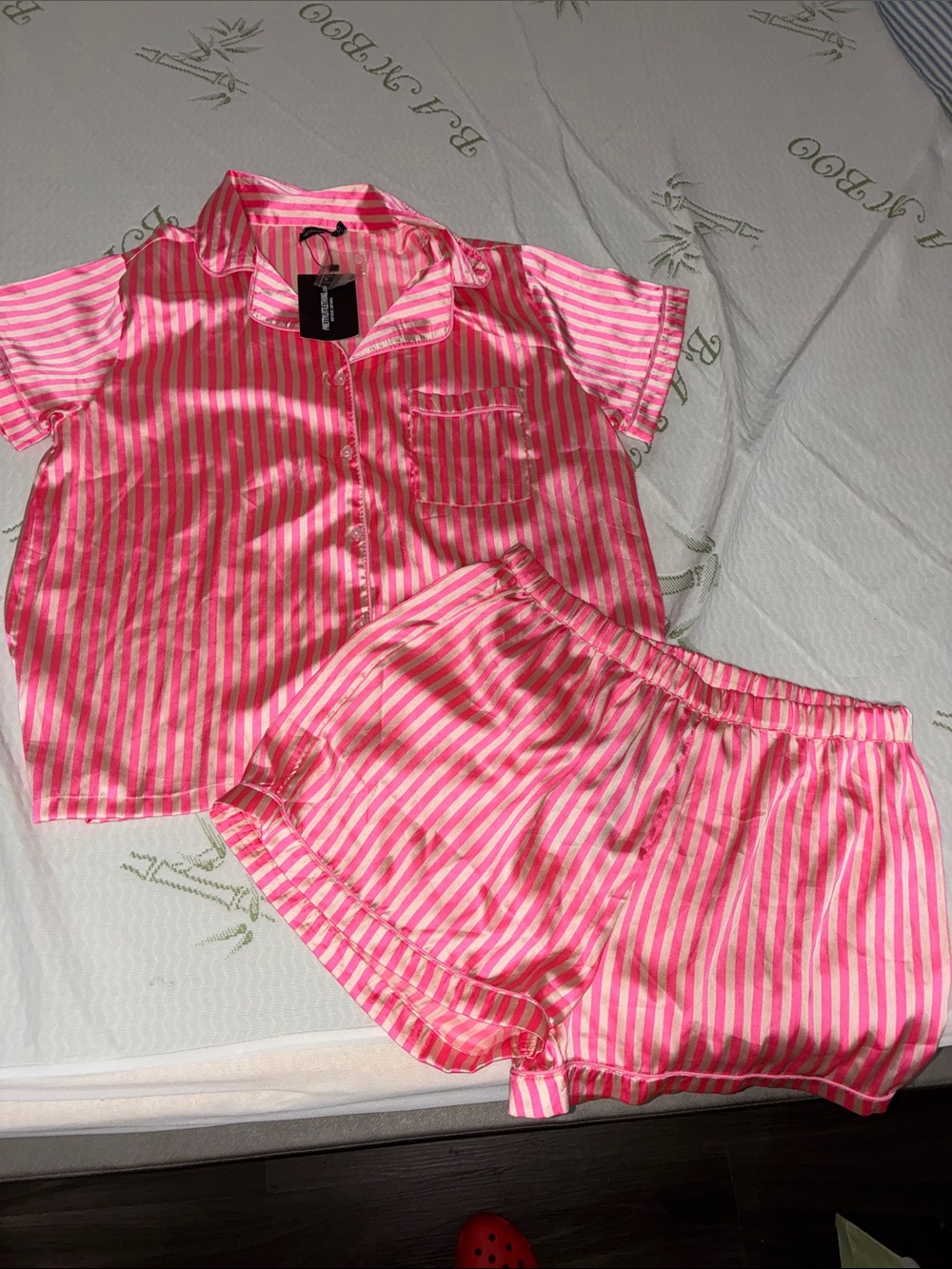 PrettyLittleThing Pink and White Satin Stripe Short Pajama Set